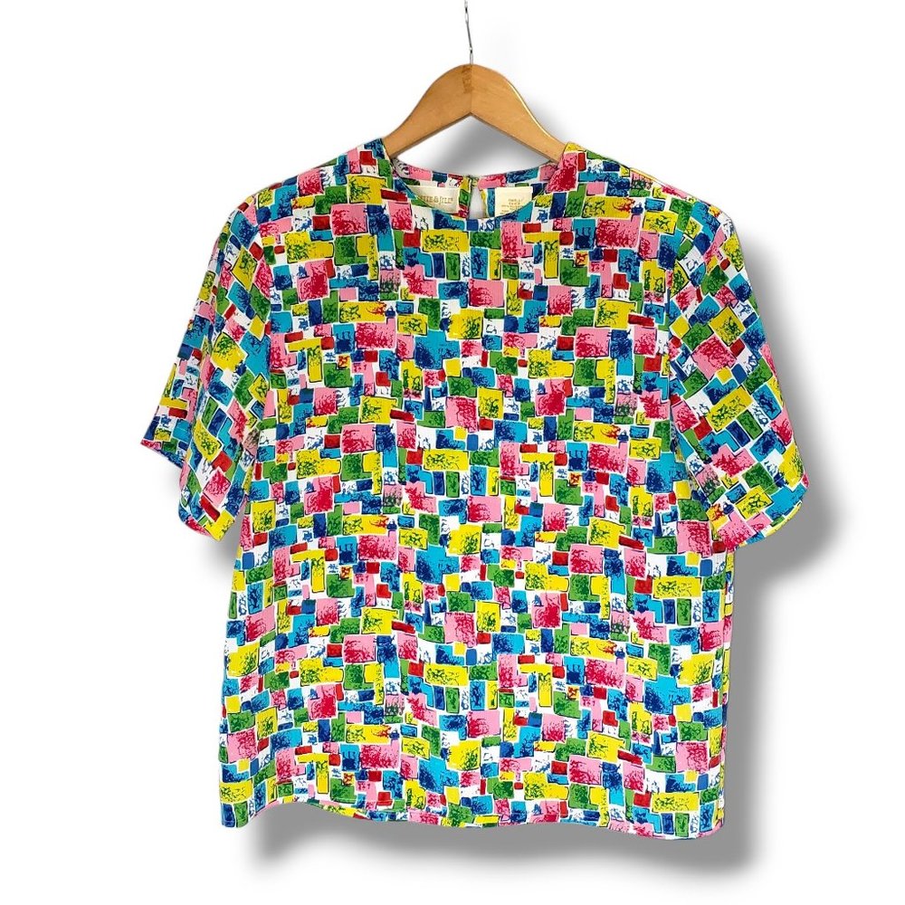 Vintage 80's Jill & Christine Multicolored Geometric Crepe Chiffon Blouse Small
